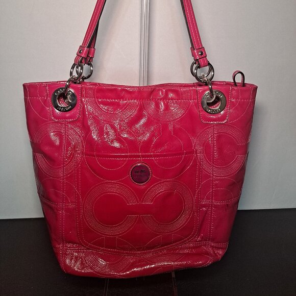 COACH Alex OP Signature Stitch Patent Leather Duffle Tote Pink Coral 14265 - Picture 1 of 6